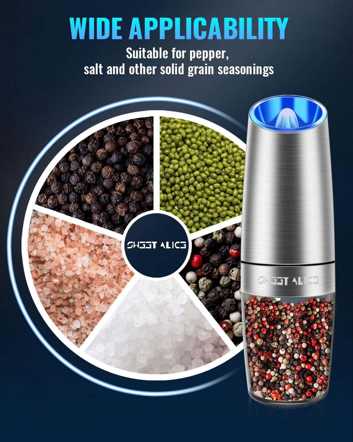 Gravity Electric Pepper/Salt Grinder, Salt and Pepper Mill & Adjustable Coarseness, Battery Powered with LED Light, One Hand Automatic Operation, Stainless Steel (Single/Silver)