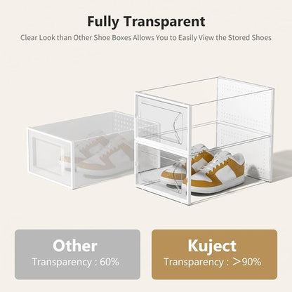 Kuject Shoe Storage Box - Large Crystal Clear Stackable Organizer | Space-Saving 12 Pack for Closet & Entryway