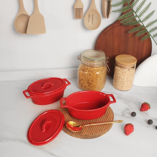 Ceramic Mini Oval Cocotte Set - 10 Oz Small Casserole Dishes with Lids & Handles | Red 7.1 Inch, Oven & Microwave Safe