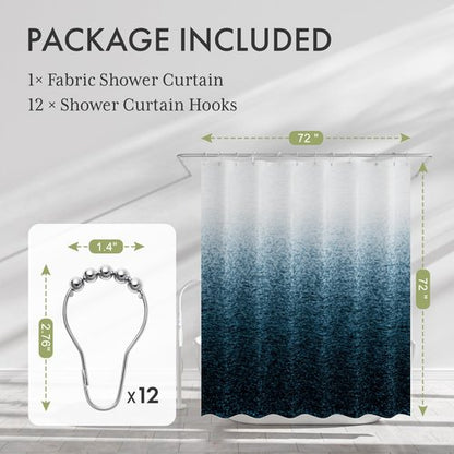 AmazerBath Shower Curtain Blue, Washable Cloth Ombre Shower Curtain Sets with 12 Metal Shower Curtain Hooks, Rustic Waterproof Dark Sea Blue Farmhouse Shower Curtains for Bathroom Decor, 72x72 Inches