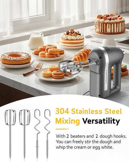 Skiennix Electric Hand Mixer - Powerful Handheld Mixer with 304 Beaters & Dough Hook | Turbo Function, Grey
