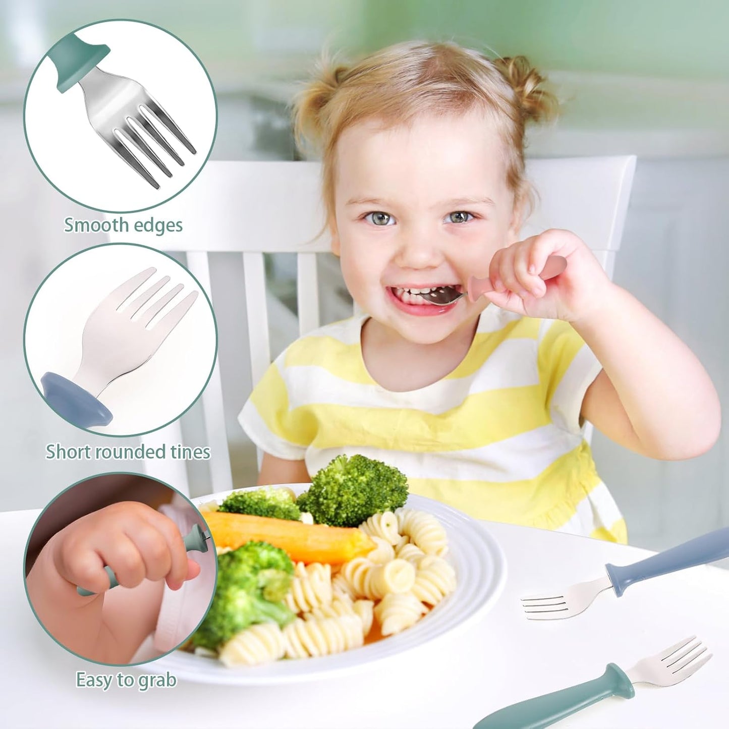 Pimoys 6-Pack Stainless Steel Toddler Forks - Safe Self-Feeding Utensils with Plastic Handles