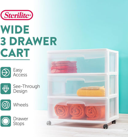 Sterilite 4-Pack Wide 3 Drawer Rolling Storage Cart - Clear Drawers & White Frame for Home Organization