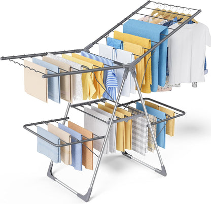 Sakugi Clothes Drying Rack - Foldable 2-Level Design with Height-Adjustable Wings | Space-Saving Indoor & Outdoor Use, Gray 55.5" L × 22.8" W