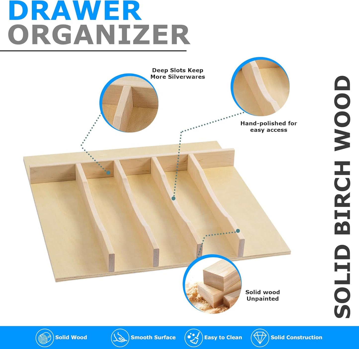 WelFurGeer Solid Birch Wood Silverware Organizer - Stylish Kitchen Utensil Tray for Cutlery & Flatware