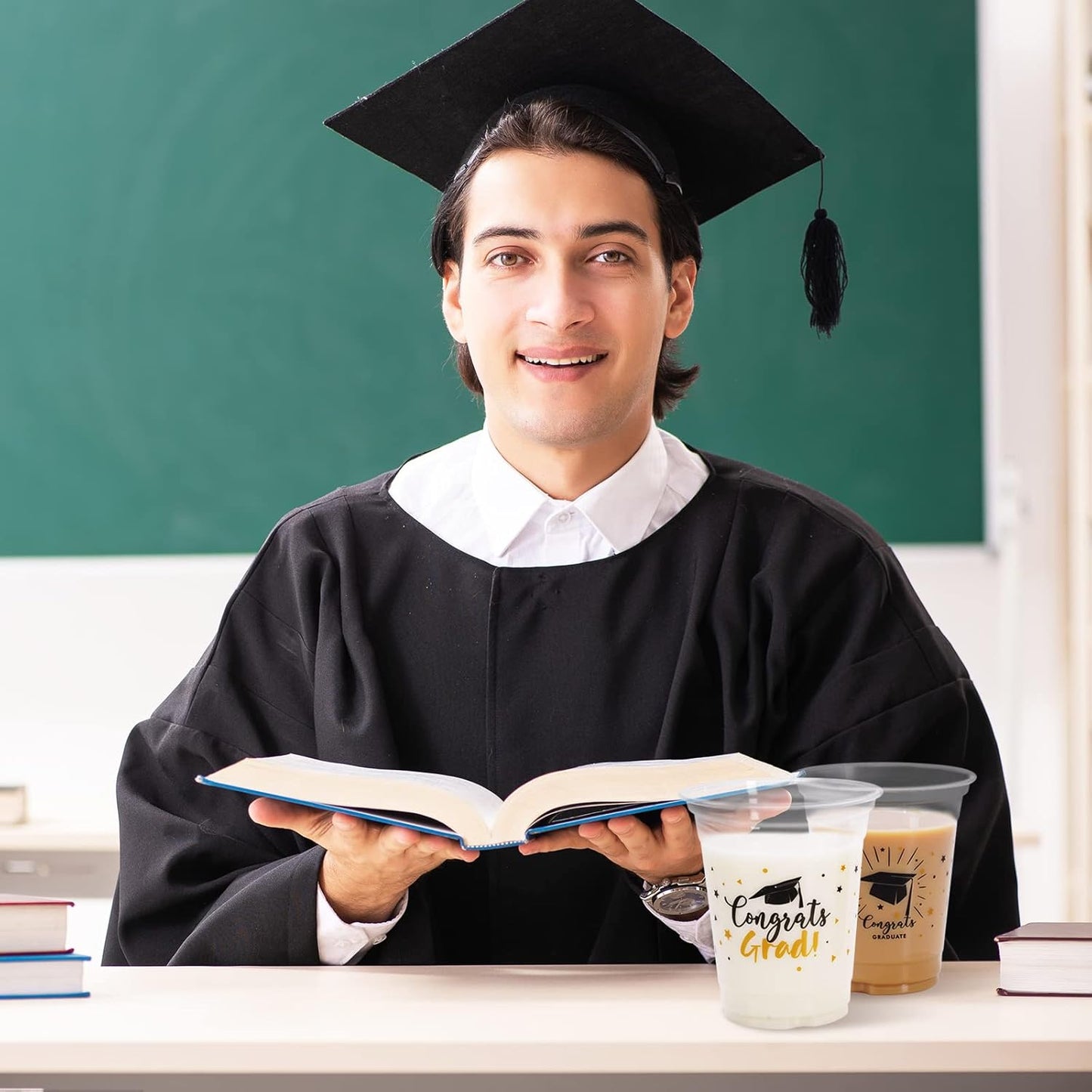 Whaline Graduation Cups - 12oz Black & Gold Disposable Party Cups for Class of 2025 | 50 Pack