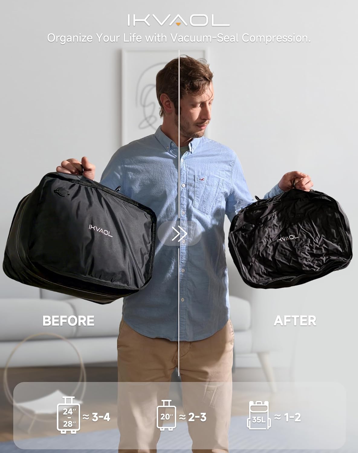 Skiennix Vacuum Bags for Travel - Reusable Compression Packing Cubes | Space-Saving Waterproof Design (Black, 2-Pack)