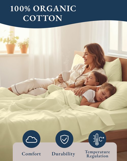 LANE LINEN 100% Organic Cotton Twin Bed Sheet Set, Soft, Comfy & Breathable Hotel Style Percale Bedding Sheets & Pillowcases Set, Mercerized Cotton Fully Elasticized Sheets Twin- Vanilla