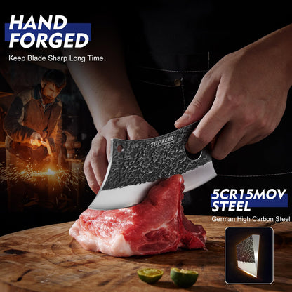 Topfeel 3PCS Butcher Knife Set, Hand Forged Serbian Chef Knives & Meat Cleaver & Viking Knives, Meat Cutting Kitchen Knife Set for Home, Outdoor Cooking, Camping BBQ Gift Idea Men