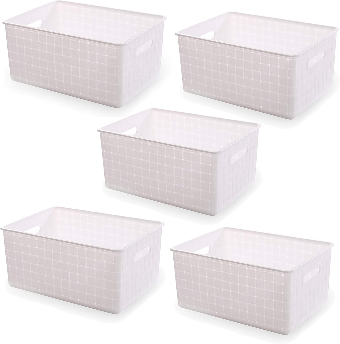 BINO Small White Plastic Baskets - 5 Pack Rectangular Organizers for Cabinets & Drawers