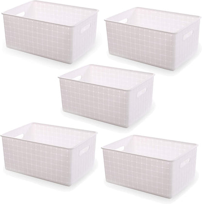 BINO Small White Plastic Baskets - 5 Pack Rectangular Organizers for Cabinets & Drawers