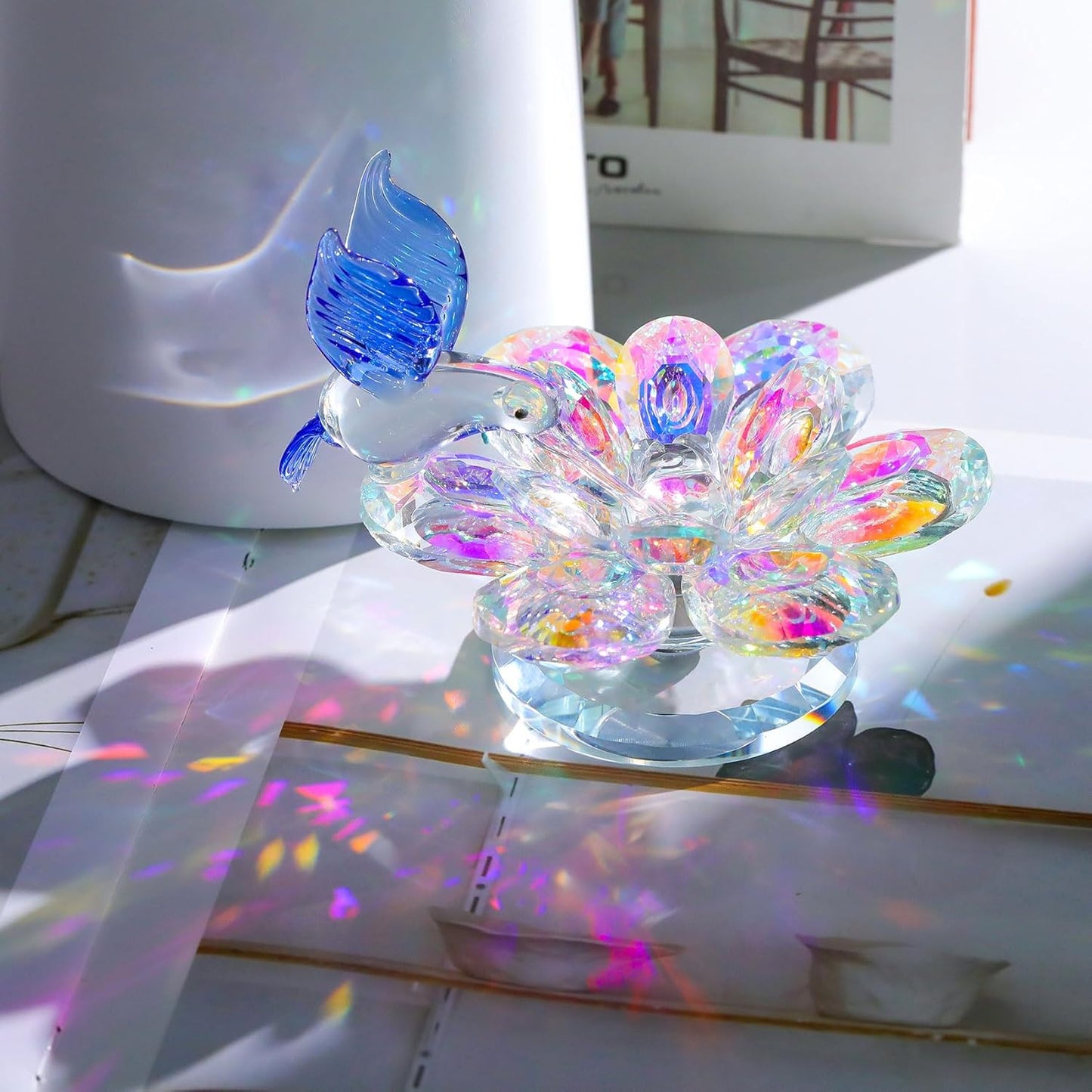 Movdyka Crystal Figurine - Blue Hummingbird Lotus Flower Decor | Sparkling Glass Ornament for Home