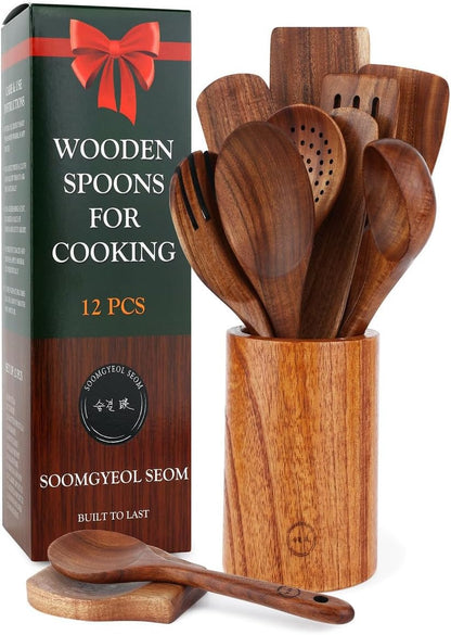Skiennix 12-Piece Natural Teak Wood Utensil Set - Nonstick Cooking Spoons & Heat Resistant Tools