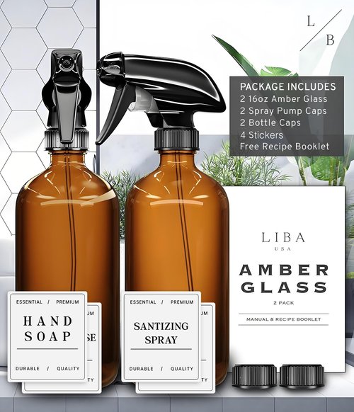 LiBa Amber Glass Spray Bottles 2 Pack, 16 oz Refillable Empty Spray Bottle for Cleaning, Essential Oils, Hair, Plants, Adjustable Nozzle for Squirt and Mist, Bleach/Vinegar/Rubbing Alcohol Safe