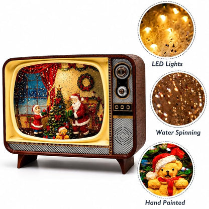 Retro TV Christmas Decor LED Water Spinner Santa Scene - Battery Operated Acrylic Globe