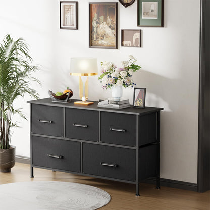 PayLessHere Fabric Dresser - 5-Drawer Wide Chest of Drawers with Metal Frame & Wood Top | Black Storage Unit for Bedroom & Living Room