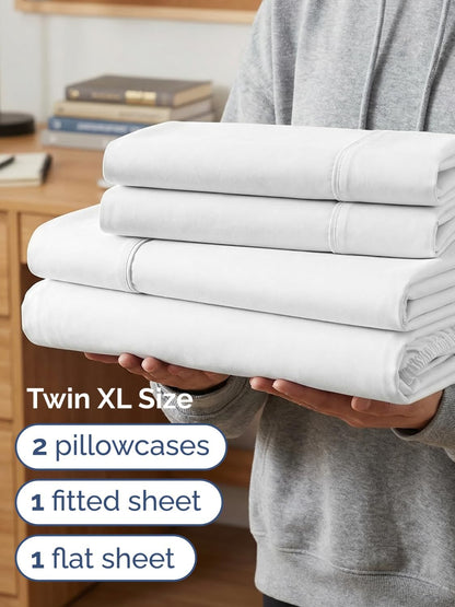 Skiennix Extra Deep Twin XL Sheet Set | 4-Piece Breathable Cooling Bedding - Soft, Wrinkle-Free White