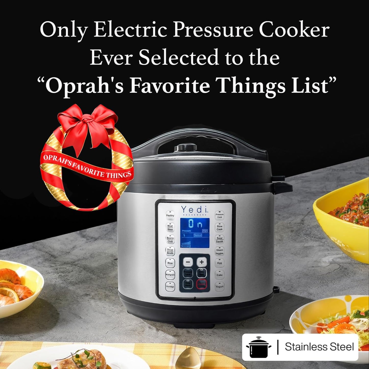 Yedi Houseware Pressure Cooker - 9-in-1 Digital Screen with Recipe Kit | Stainless Steel, 6 Liters