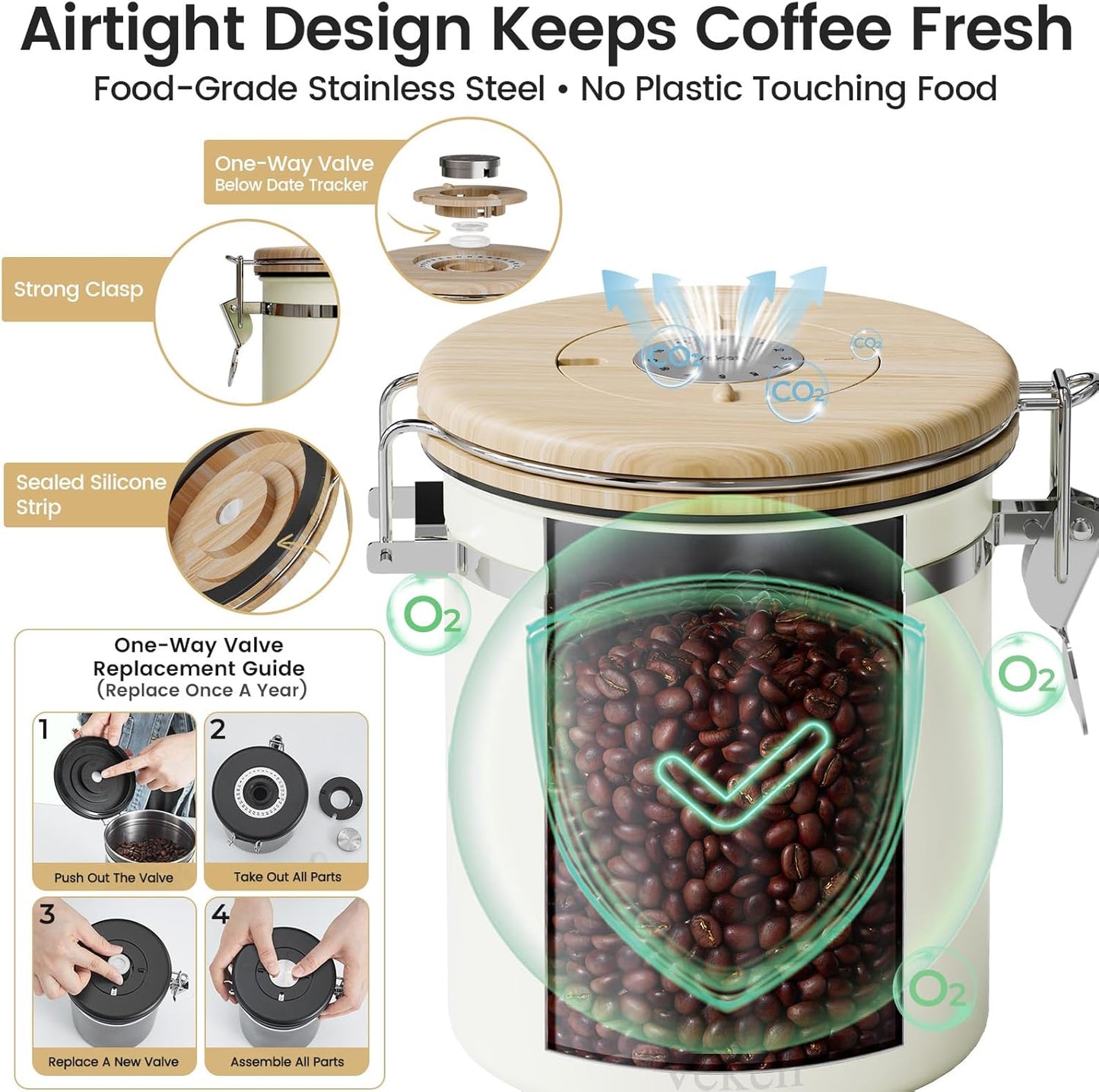 Veken Coffee Canister - Airtight Stainless Steel Food Storage with Window & Date Tracker | 16oz Cream