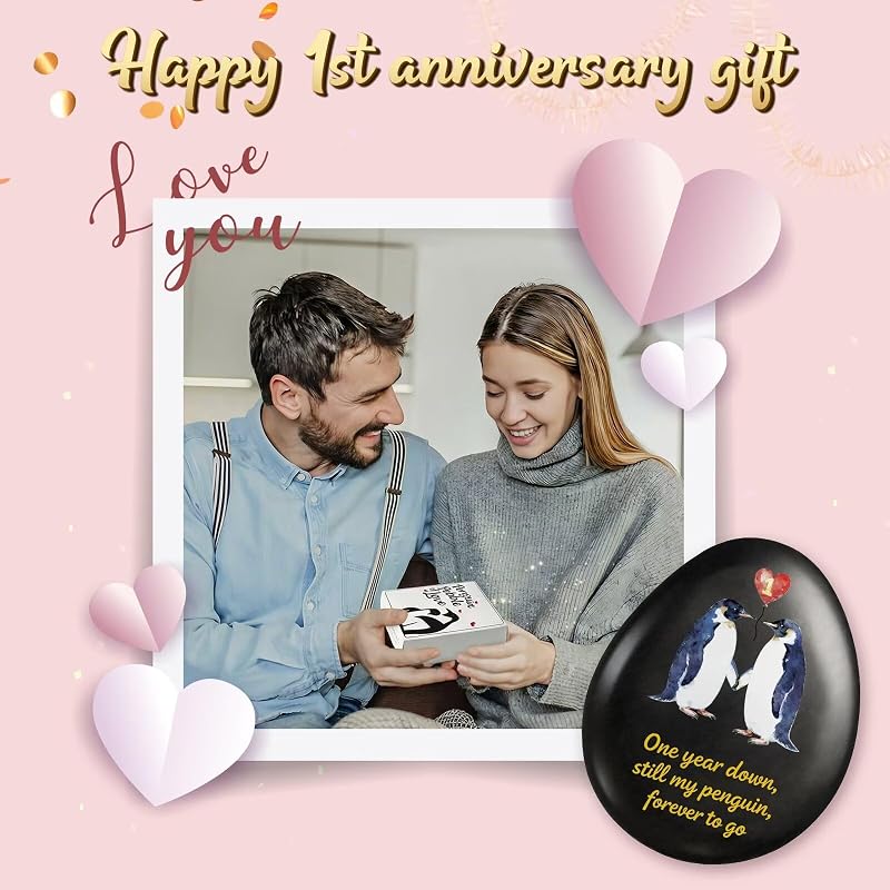 First Anniversary Penguin Pebble Keepsake Gift for Men and Women - 1st Year Anniversary Card Included - Jubilora