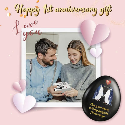 First Anniversary Penguin Pebble Keepsake Gift for Men and Women - 1st Year Anniversary Card Included - Jubilora
