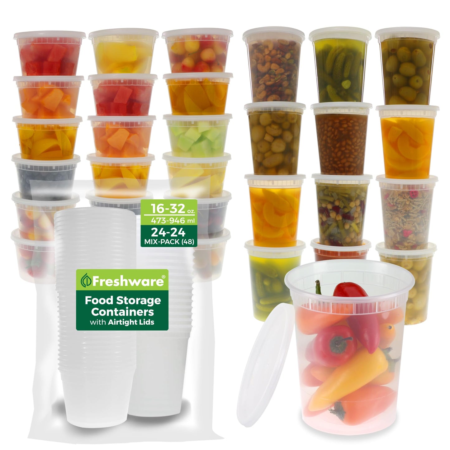 Freshware 48 Pack of 16 and 32 oz, 24 sets each size Food Storage Containers with Lids, Plastic Deli Containers, Meal Prep Containers, Microwave and Freezer Safe, Stackable, Leakproof, BPA Free, Clear