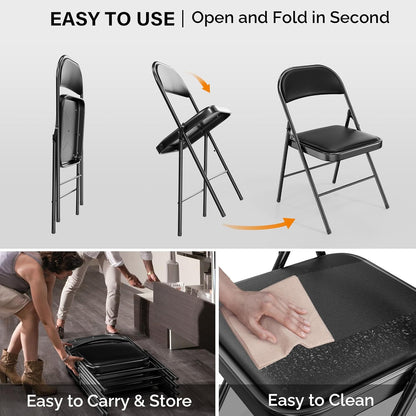 VINGLI Folding Chairs - 6 Pack with Padded Seats & Metal Frame, 350 lbs Capacity, Black