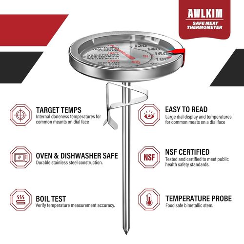 AWLKIM Stainless Steel Meat Thermometer - Safe Leave-In Oven Probe with 2.5-Inch Extra-Large Dial - Silver