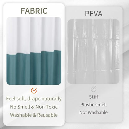ALYVIA SPRING Waterproof Fabric Shower Curtain Liner - Soft & Light-Weight Cloth Shower Liner, 3 Bottom Magnets, Hotel Quality & Machine Washable - Standard Size 72x72, White and Teal