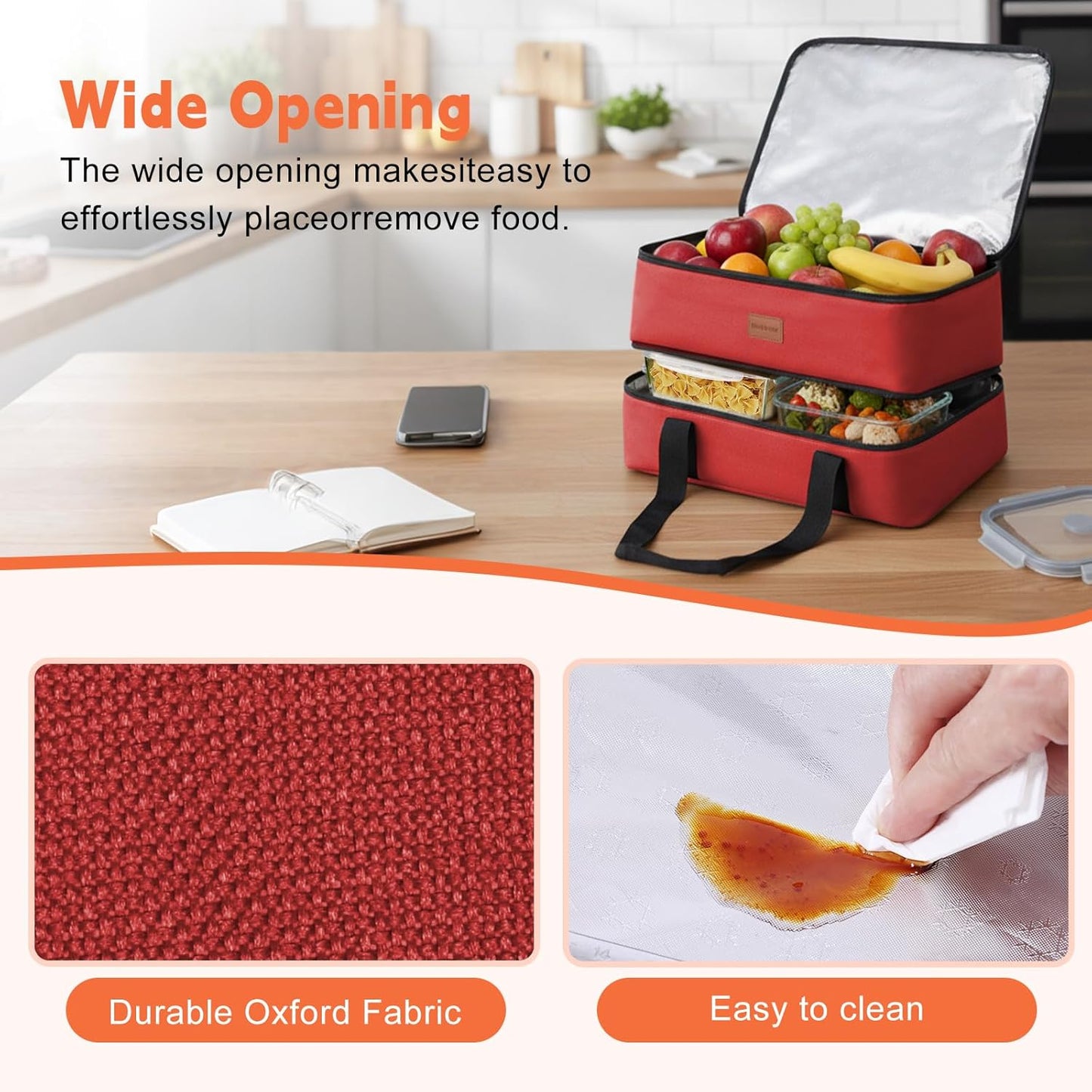 Skiennix Insulated Casserole Carrier - Double Decker Thermal Bag for Hot or Cold Food | Portable & Leakproof (Red)