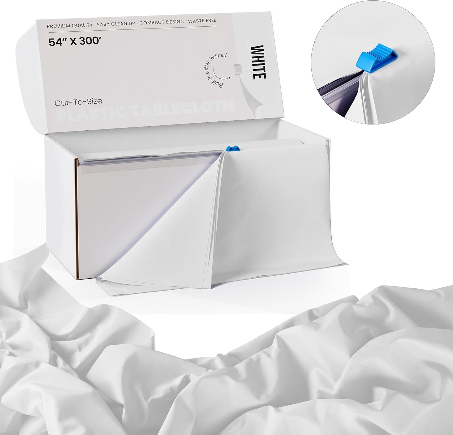 Party Solids White Plastic Table Cover Roll - 54 Inch x 300 Feet with Slide Cutter for Easy Use