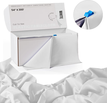 Party Solids White Plastic Table Cover Roll - 54 Inch x 300 Feet with Slide Cutter for Easy Use