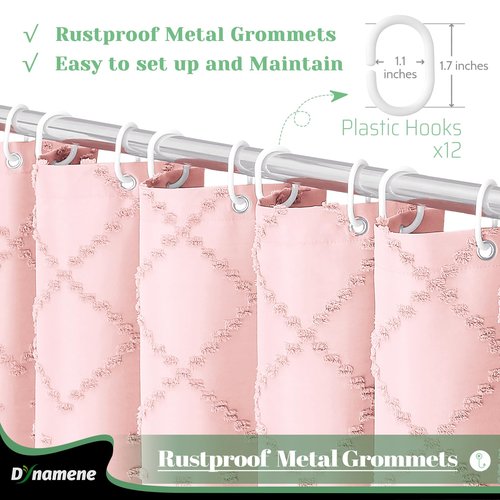 Dynamene Pink Fabric Shower Curtain, Boho Tufted Geometric Striped Tassel Shower Curtain for Bathroom, Shabby Chic Textured Modern Farmhouse Waterproof Cloth Shower Curtain Set, Wrinkle Free, 72x72