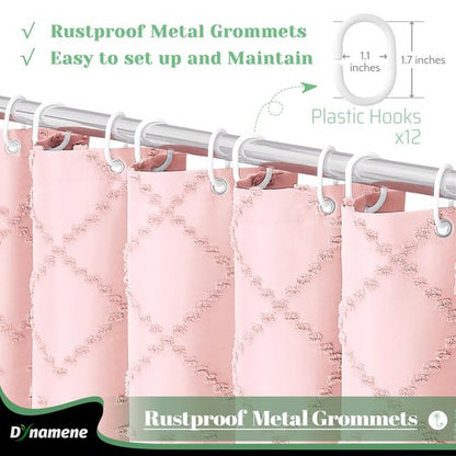 Dynamene Pink Fabric Shower Curtain, Boho Tufted Geometric Striped Tassel Shower Curtain for Bathroom, Shabby Chic Textured Modern Farmhouse Waterproof Cloth Shower Curtain Set, Wrinkle Free, 72x72