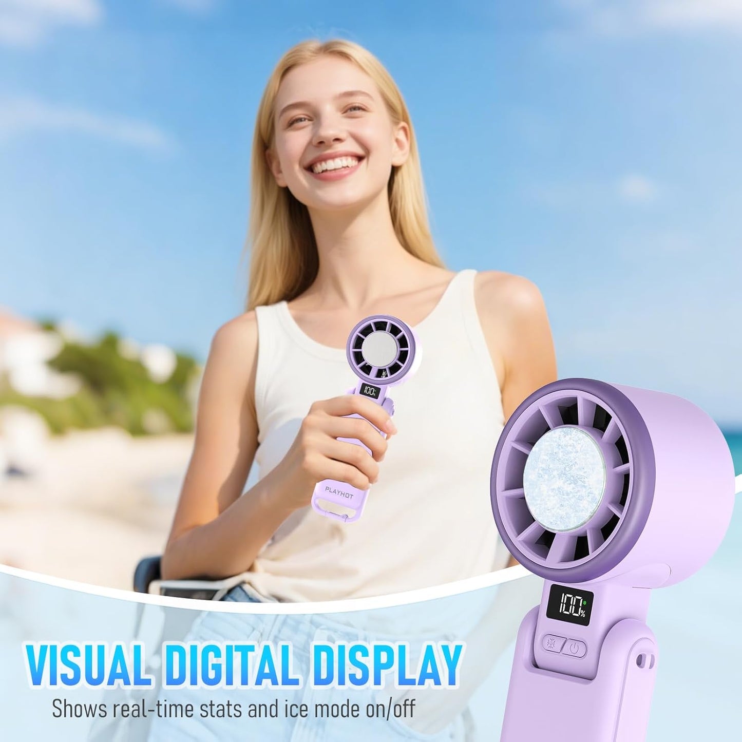 PlayHot Portable Handheld Turbo Fan - Ice Cooling Rechargeable Personal Fan | 5 Speed, 12Hrs Cooling (Purple)