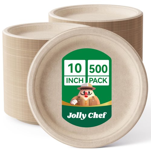 JOLLY CHEF Compostable Heavy Duty Plates 𝟭𝟬 𝗜𝗻𝗰𝗵 [𝟱𝟬𝟬 𝗣𝗮𝗰𝗸] Eco-Friendly Disposable Paper Plates Natural Bagasse Biodegradable Sugarcane Bulk for Party Hot Cold Dinner Christmas (Brown)