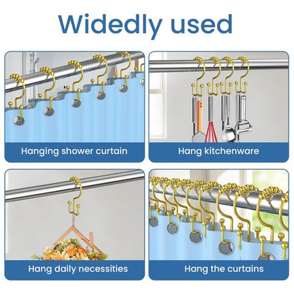 LBYOJKD Double Sided Shower Curtain Hooks with Smooth Gliding Roller Balls, Rustproof Metal Hooks for Curtain and Liner, Set of 12 for Standard and Curved Shower Rods - Gold