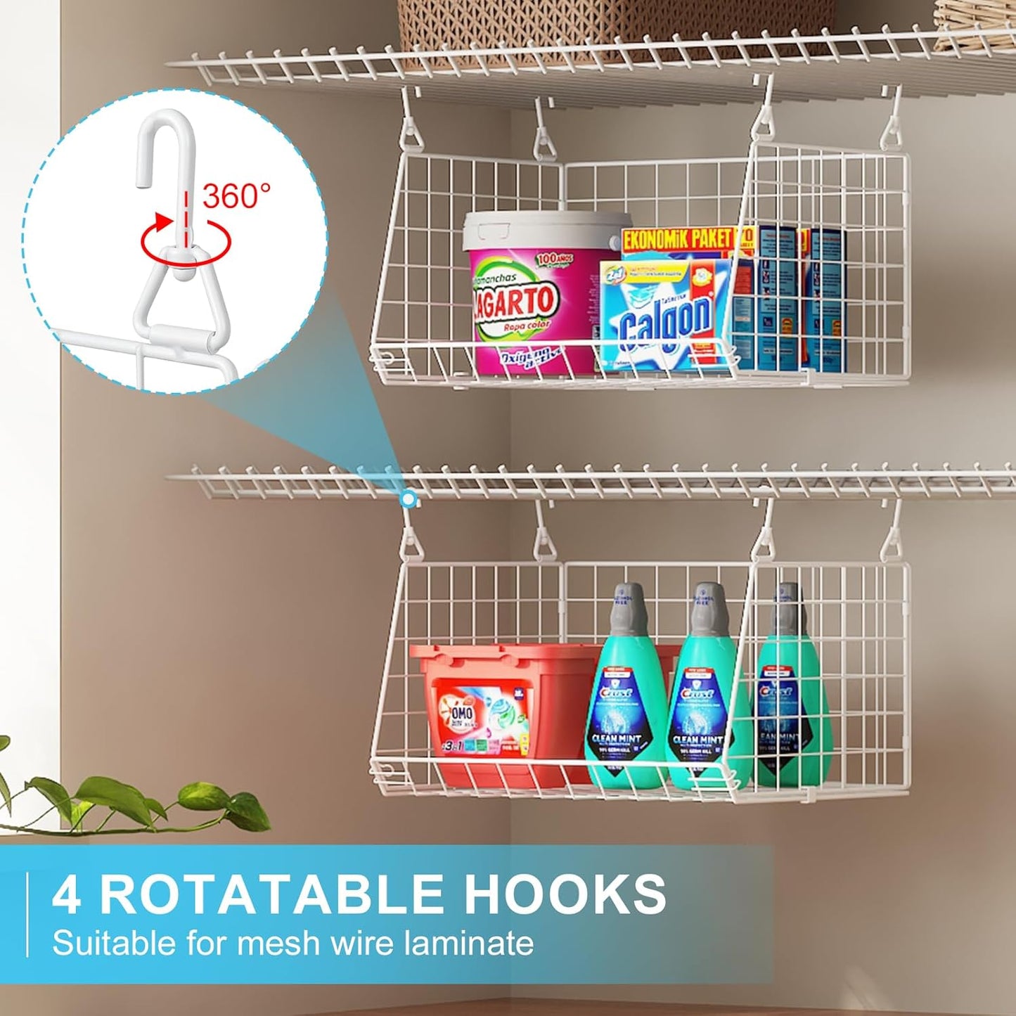 Skiennix 3-Tier Hanging Laundry Basket Organizer - Foldable Wire Shelf with 360° Rotating Hooks, White