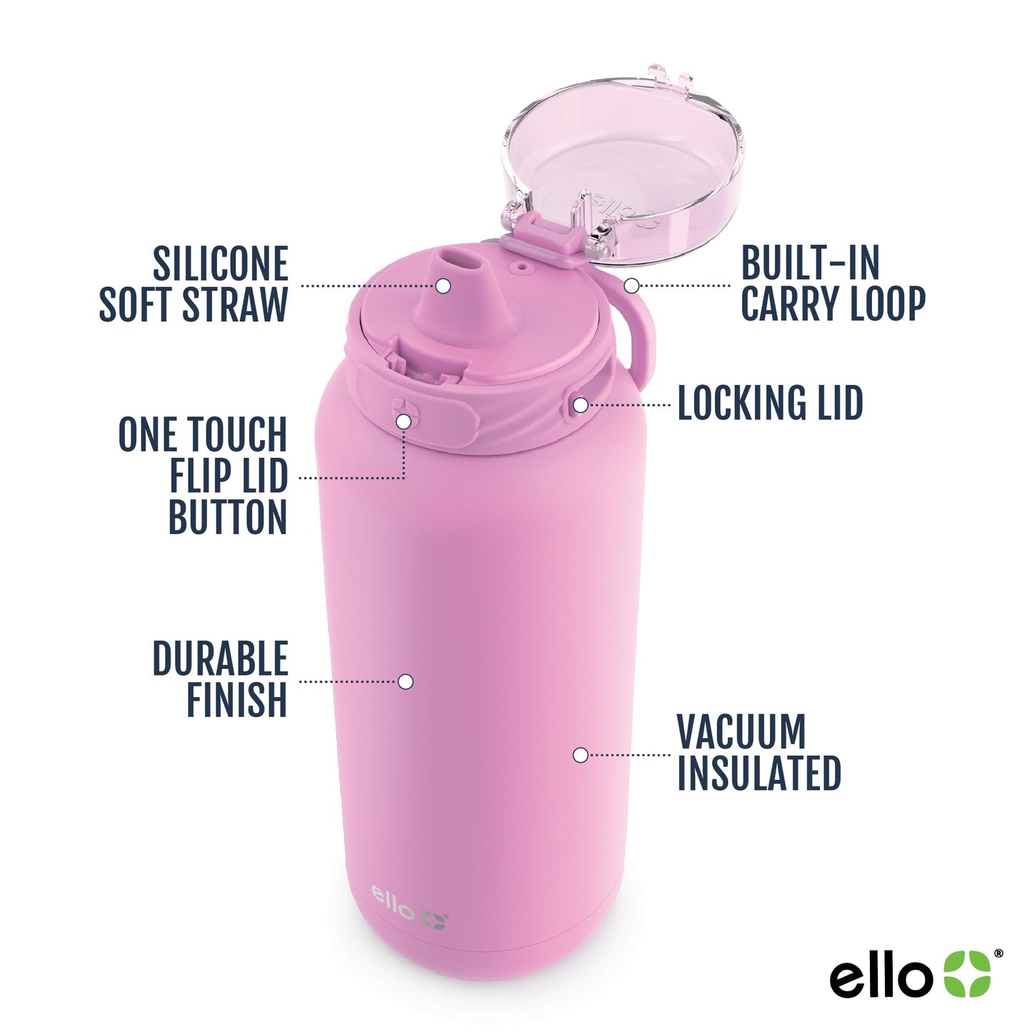 Ello Cooper 22oz Stainless Steel Water Bottle with Straw and Carry Handle, Double Walled and Vacuum Insulated Metal, Leak Proof Locking Lid with Soft Silicone Spout, Reusable, BPA Free, Bubblegum