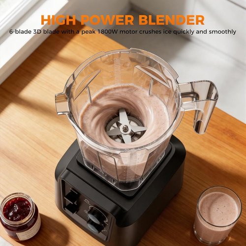 1800W Professional Blender by [Brand Name] - 6-Blade Smoothie Maker with Grinder, Self-Cleaning, 68oz & 27oz Dishwasher Safe Jars