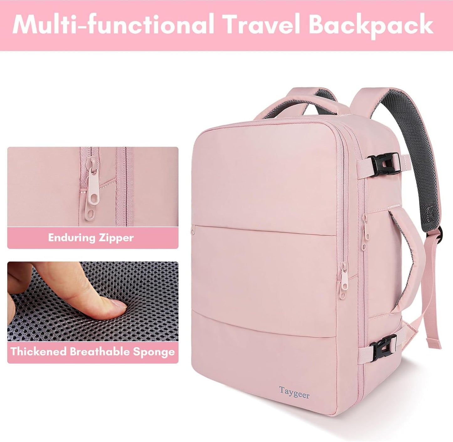 Taygeer Travel Backpack - TSA-Approved 15.6-Inch Laptop Bag with Water Bottle Pocket & Shoe Pouch | Pink
