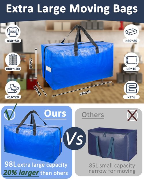 Extra Large Moving Bags - 4 Pack Heavy Duty Storage Totes with Strong Handles & Smooth Zipper