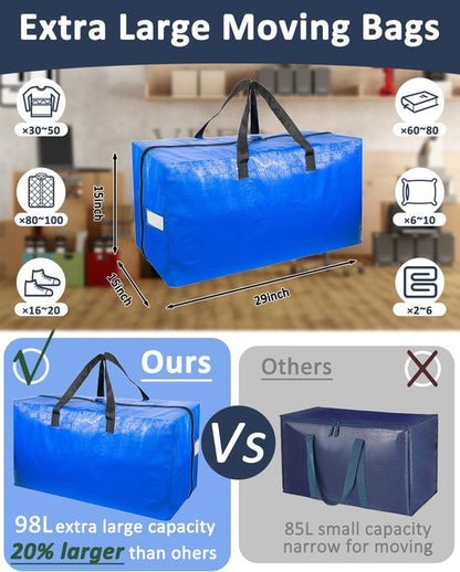 Extra Large Moving Bags - 4 Pack Heavy Duty Storage Totes with Strong Handles & Smooth Zipper