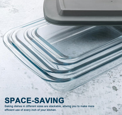 Skiennix 8-Piece Deep Glass Baking Dish Set - Rectangular Bakeware with Plastic Lids | Freezer-to-Oven Safe, Gray