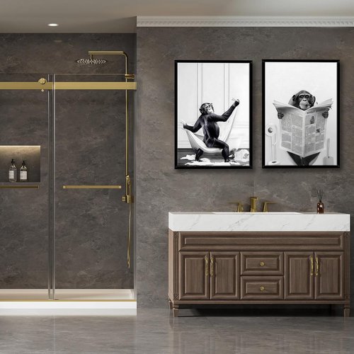 Funny Monkey Painting Poster - Framed Black and White Canvas Art | 12" x 16" for Kids' Bathroom & Bedroom Decor