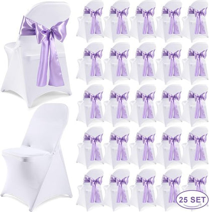 Lounsweer Folding Chair Cover Set - 50 Pcs with Stretch Spandex Slipcovers & Satin Sashes | White & Lavender