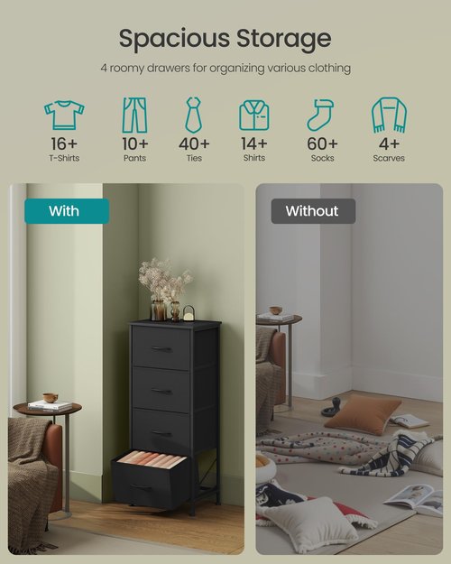 SONGMICS Dresser for Bedroom, Chest of Drawers, Steel, MDF, 4 Non-Woven Fabric Drawers, Storage Organizer Unit, Closet, Entryway, Ink Black and Ebony Black ULGS314B01S