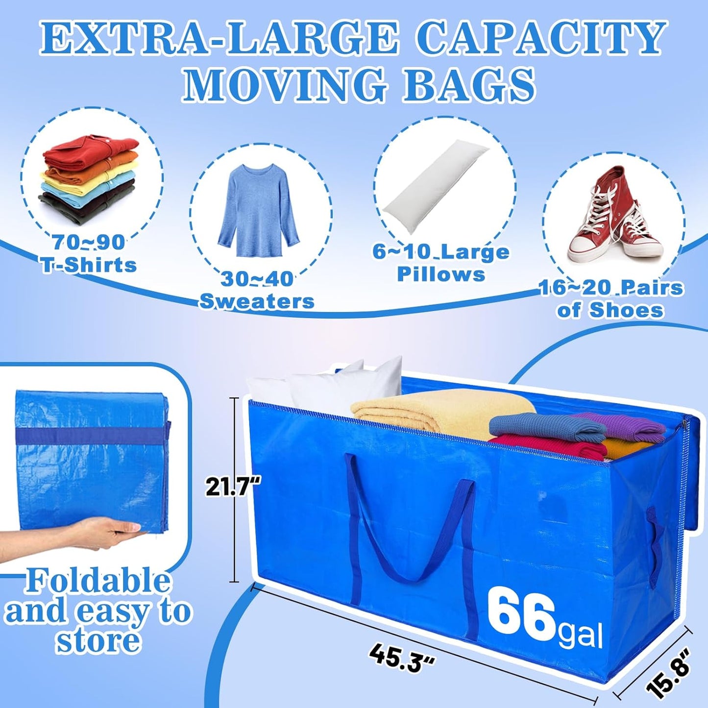 Bigmeta 66 Gallon Extra Large Moving Bags - Heavy Duty Zippered Storage Bag for Travel & Home Use, Blue