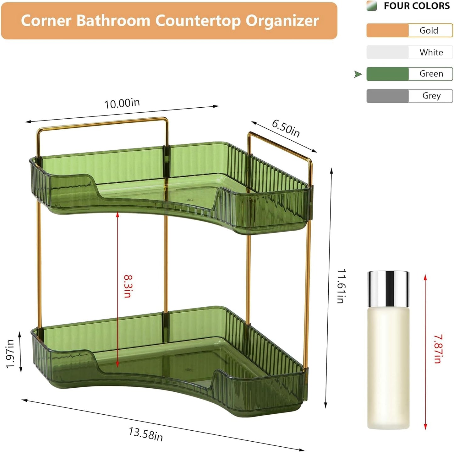 Skiennix Corner Bathroom Counter Organizer - 2-Tier Makeup Shelf & Perfume Tray in Green