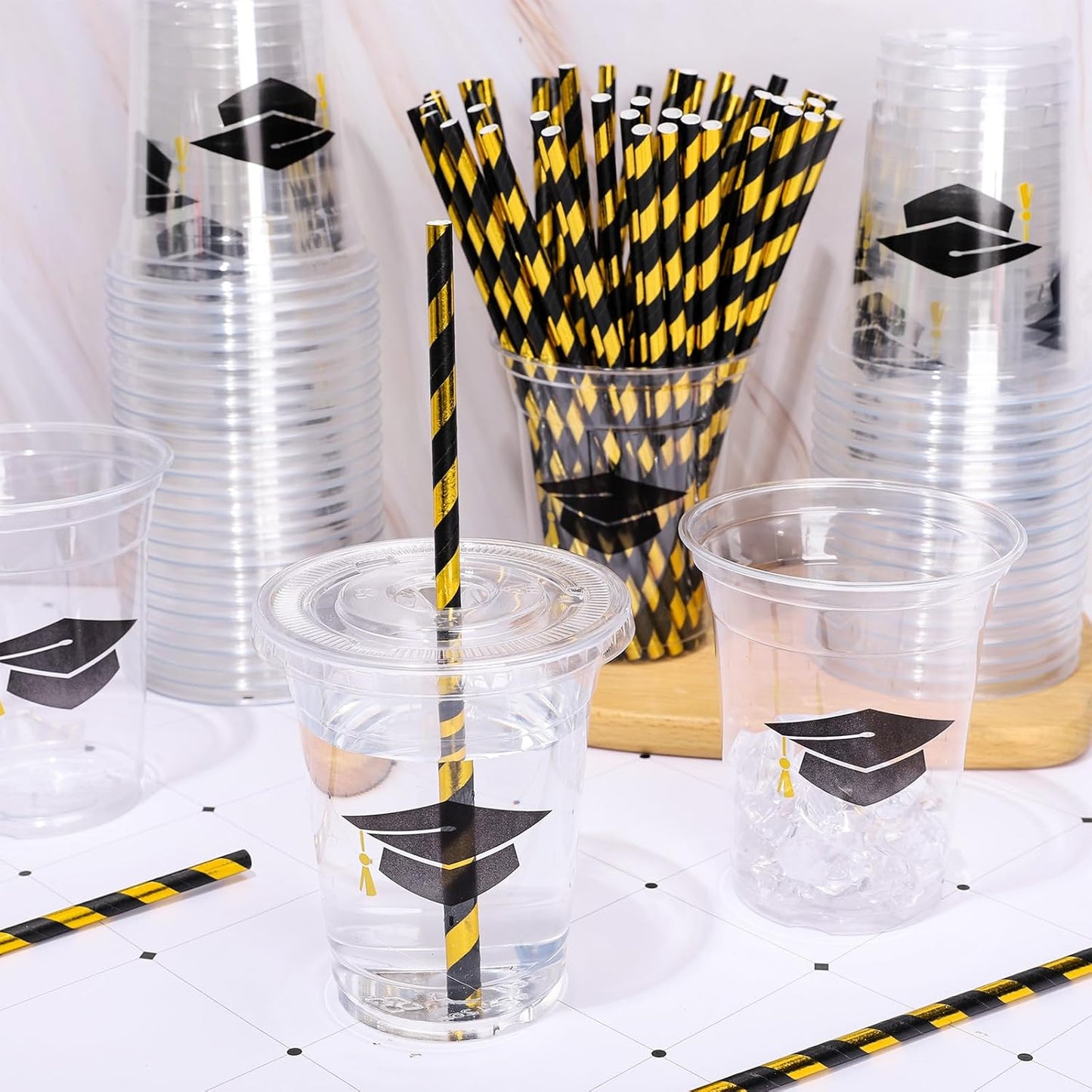 Whaline 50Pcs 12Oz Graduation Cups - Black Graduation Cap Design with Lids & Straws for Party Supplies